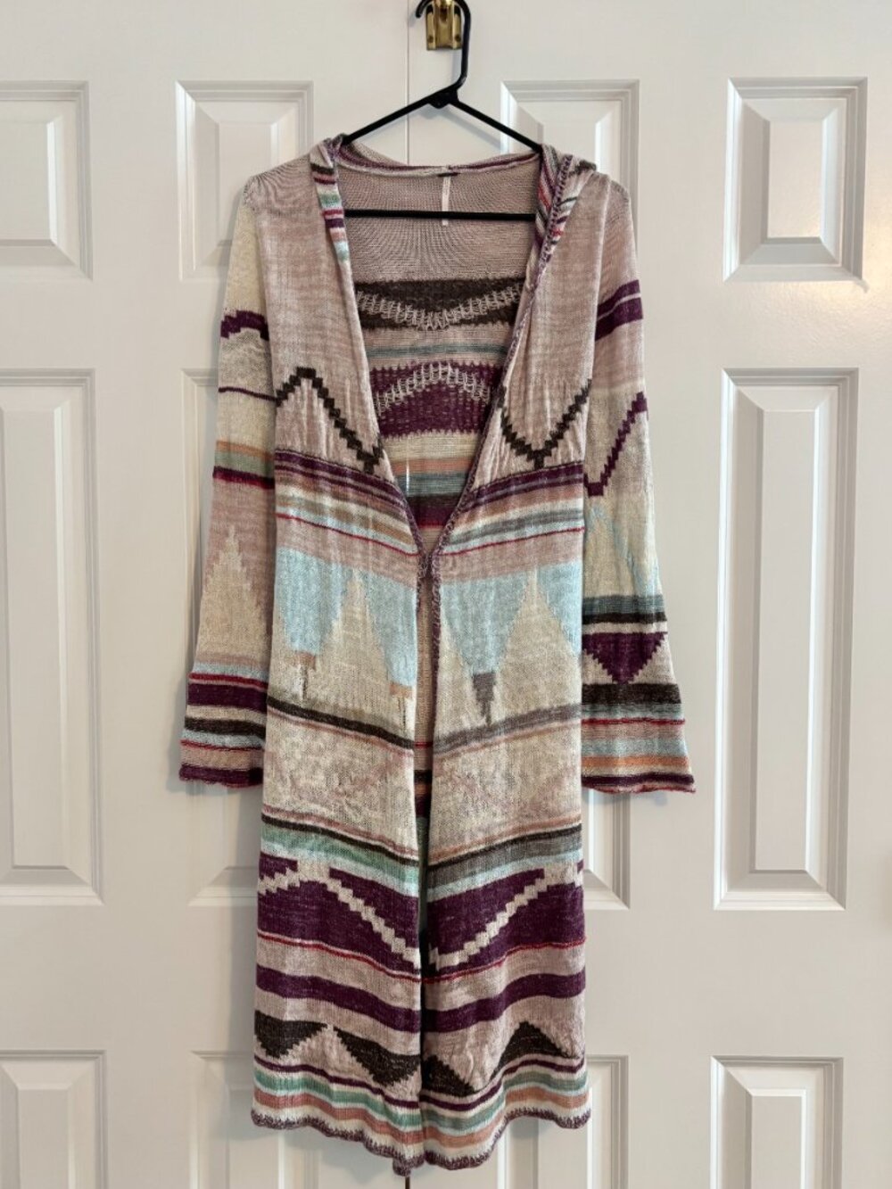 Free People Cream Purple Blue Boho Southwestern Long Duster Hooded Cardigan S - Picture 3 of 16
